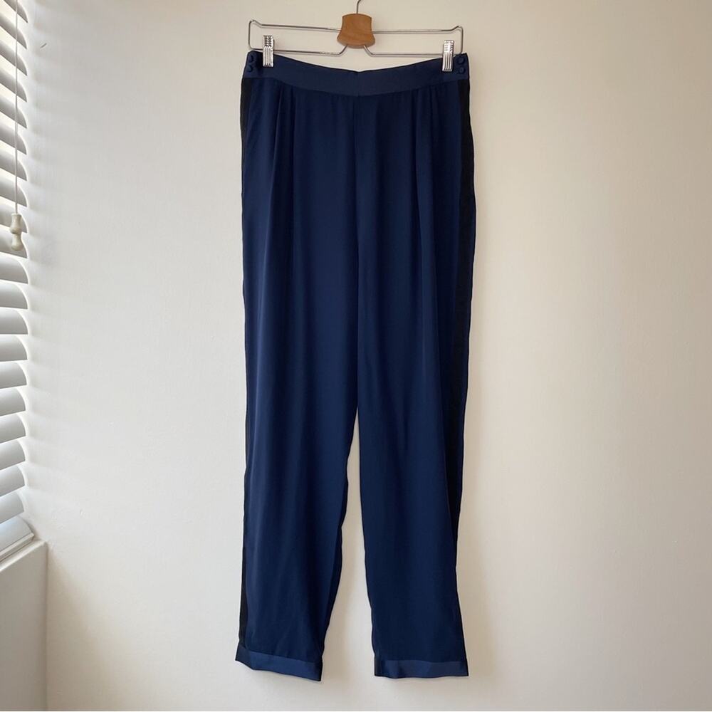 Fleur du Mal Navy Blue Black Stripe Silk Satin Tuxedo Pants - 10